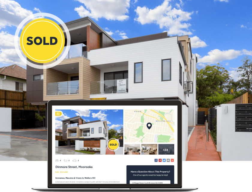 three story unit block with white, brown and beige elements with a yellow sold sticker in the top left corner
